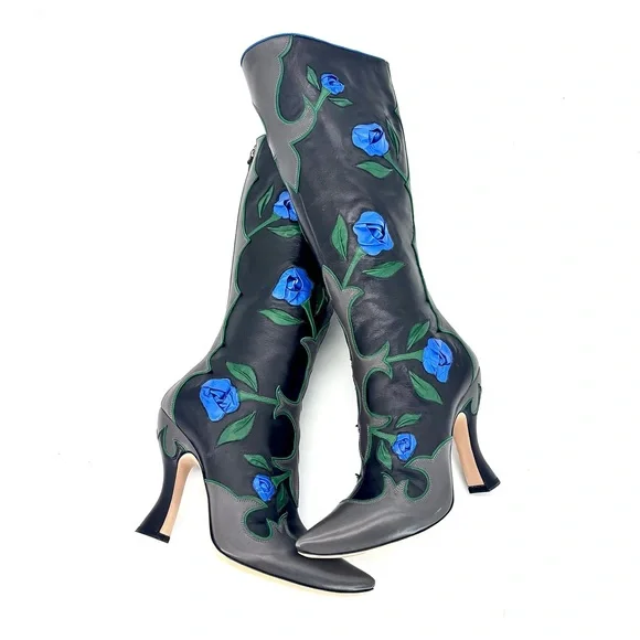 NEW Miu Miu SS 2012 Runway Rose Applique Western Pointed Toe Knee High Boots 37 - Picture 9 of 11